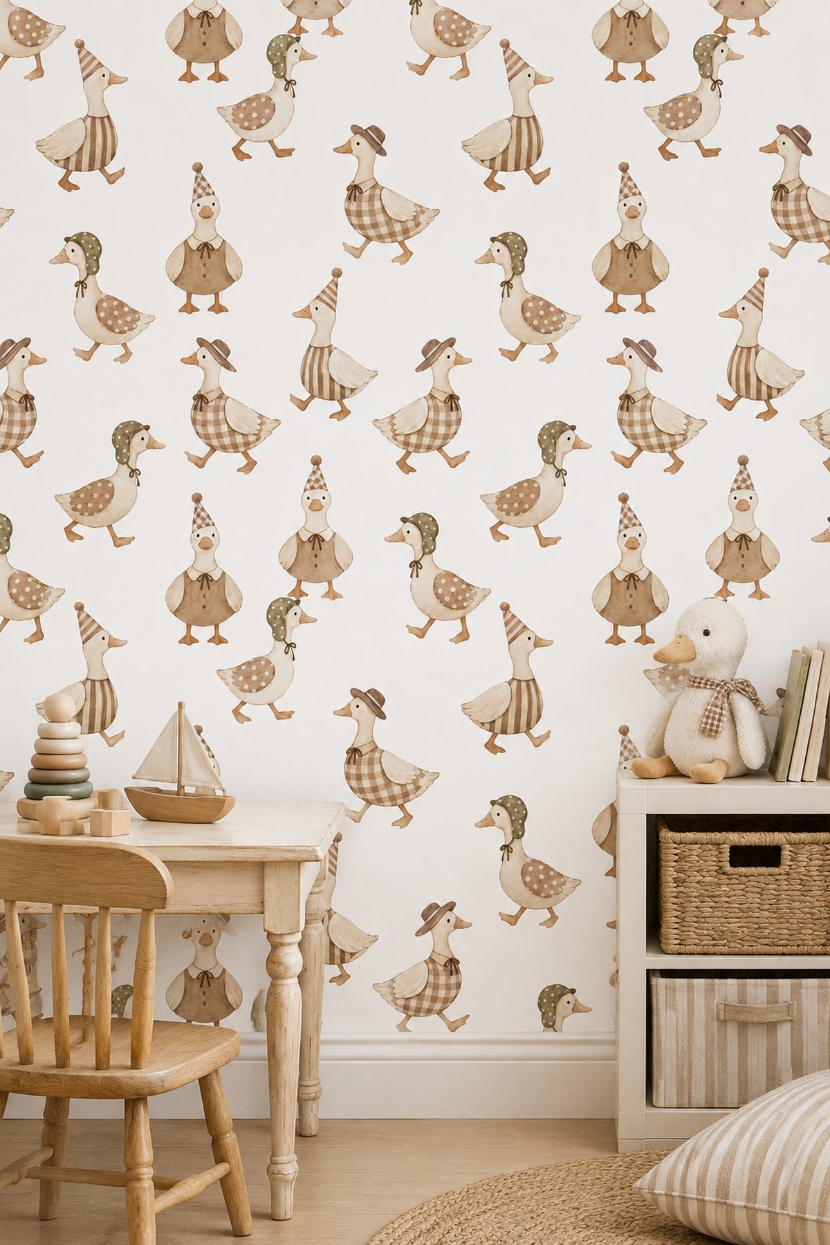 Dressed Ducks Wallpaper Watercolor Neutral Pattern