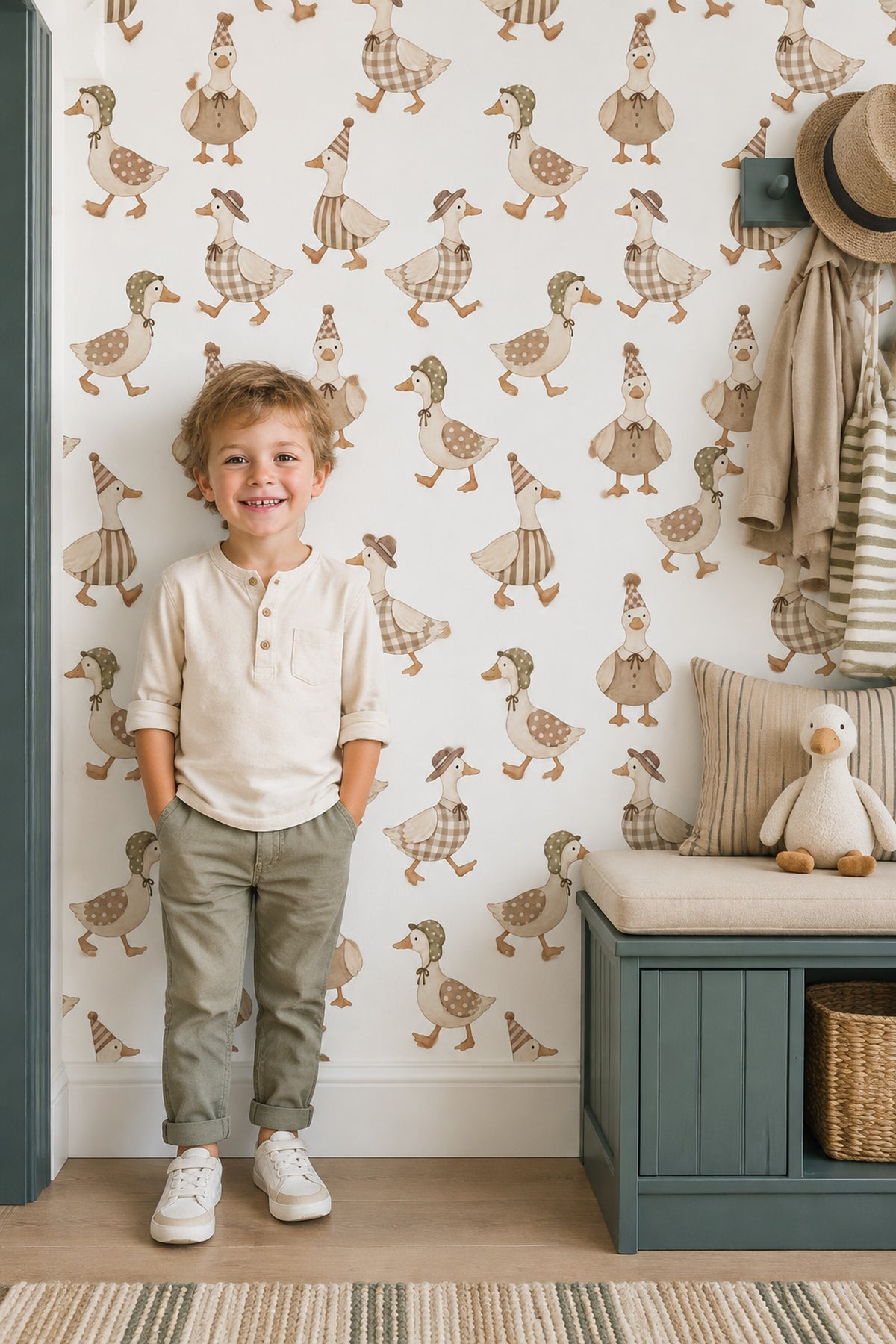 Dressed Ducks Wallpaper Watercolor Neutral Pattern