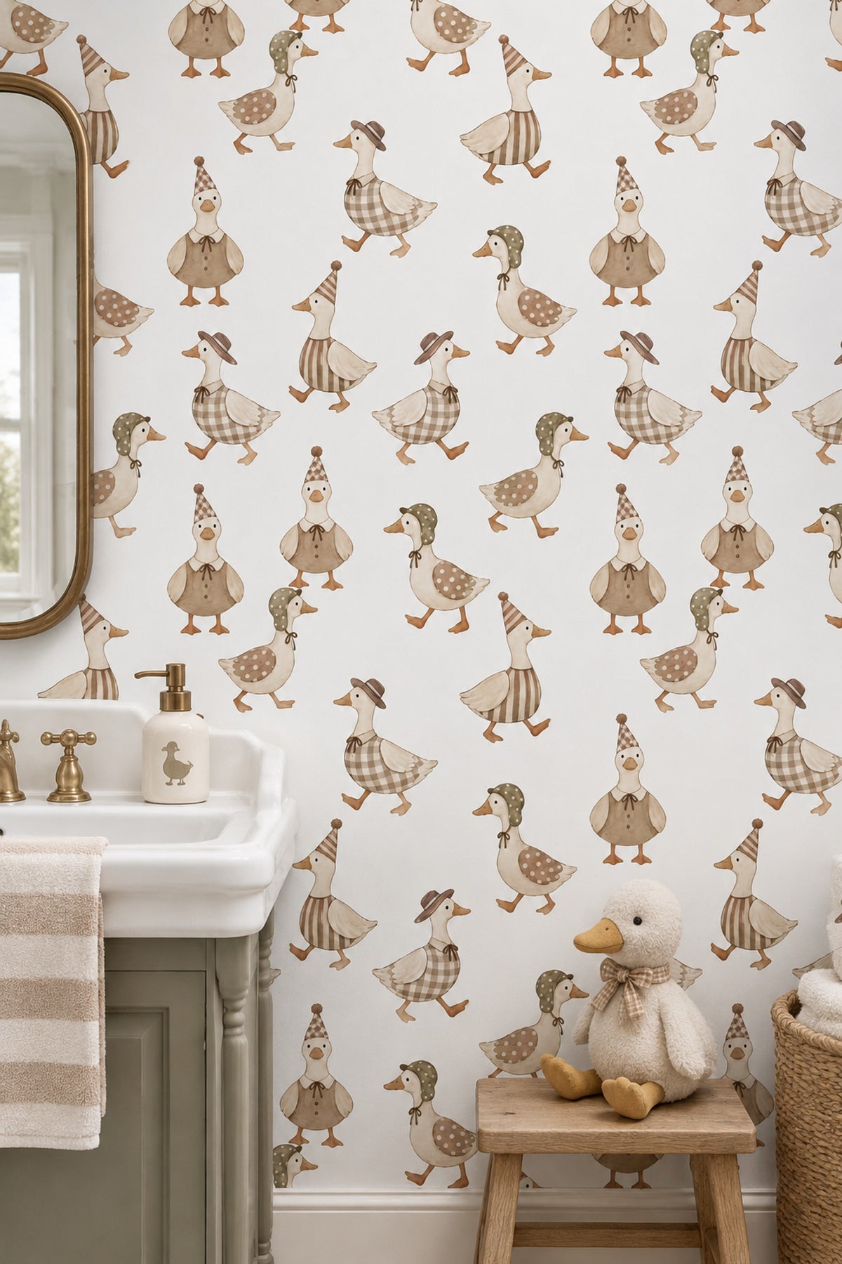 Dressed Ducks Wallpaper Watercolor Neutral Pattern