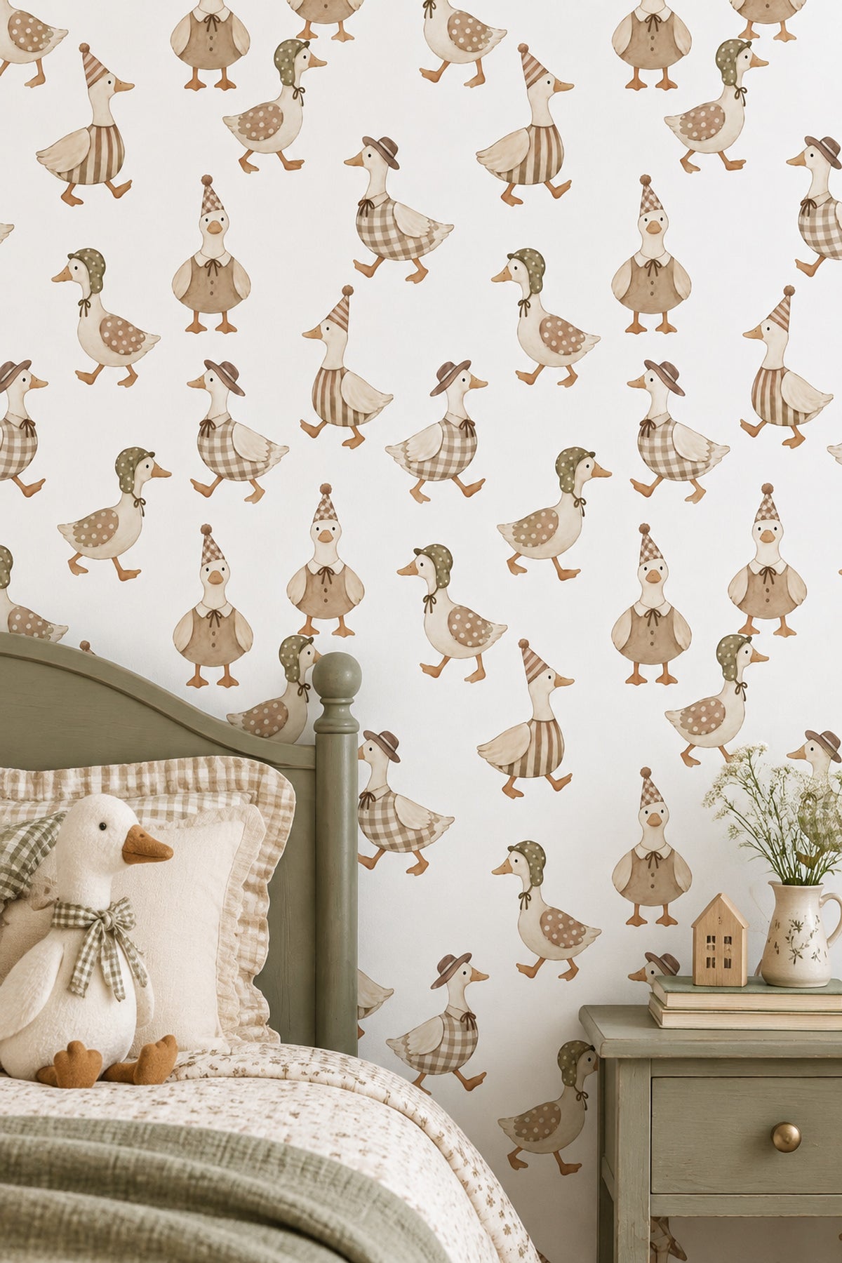Dressed Ducks Wallpaper Watercolor Neutral Pattern