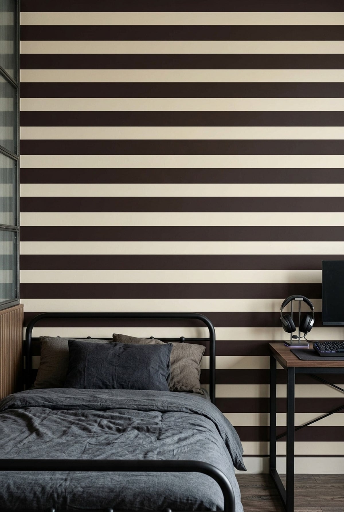 Horizontal Stripes Wallpaper Dark Brown Beige Cream Bands