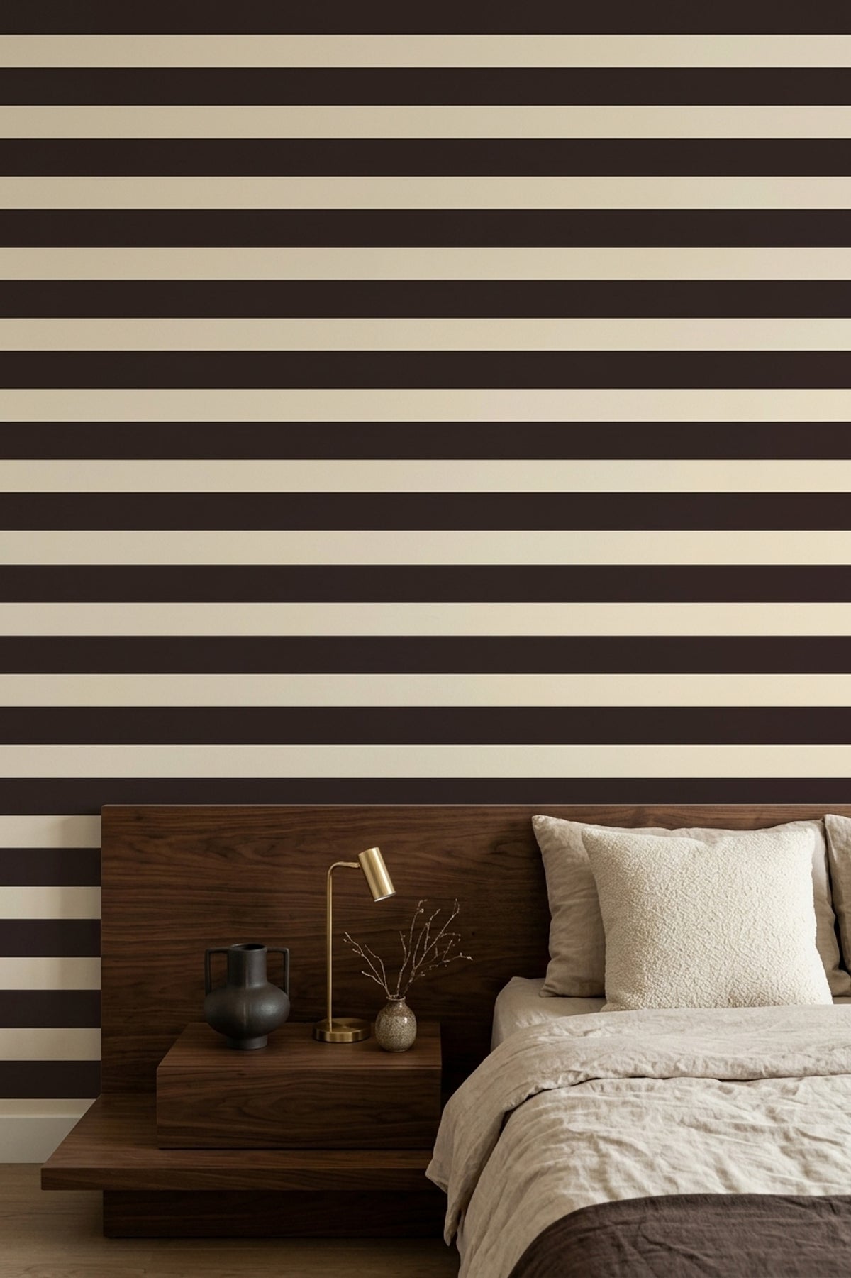 Horizontal Stripes Wallpaper Dark Brown Beige Cream Bands