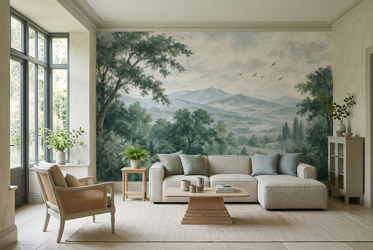 Misty Forest Mountains Wallpaper Watercolor Scenic Wall Mural