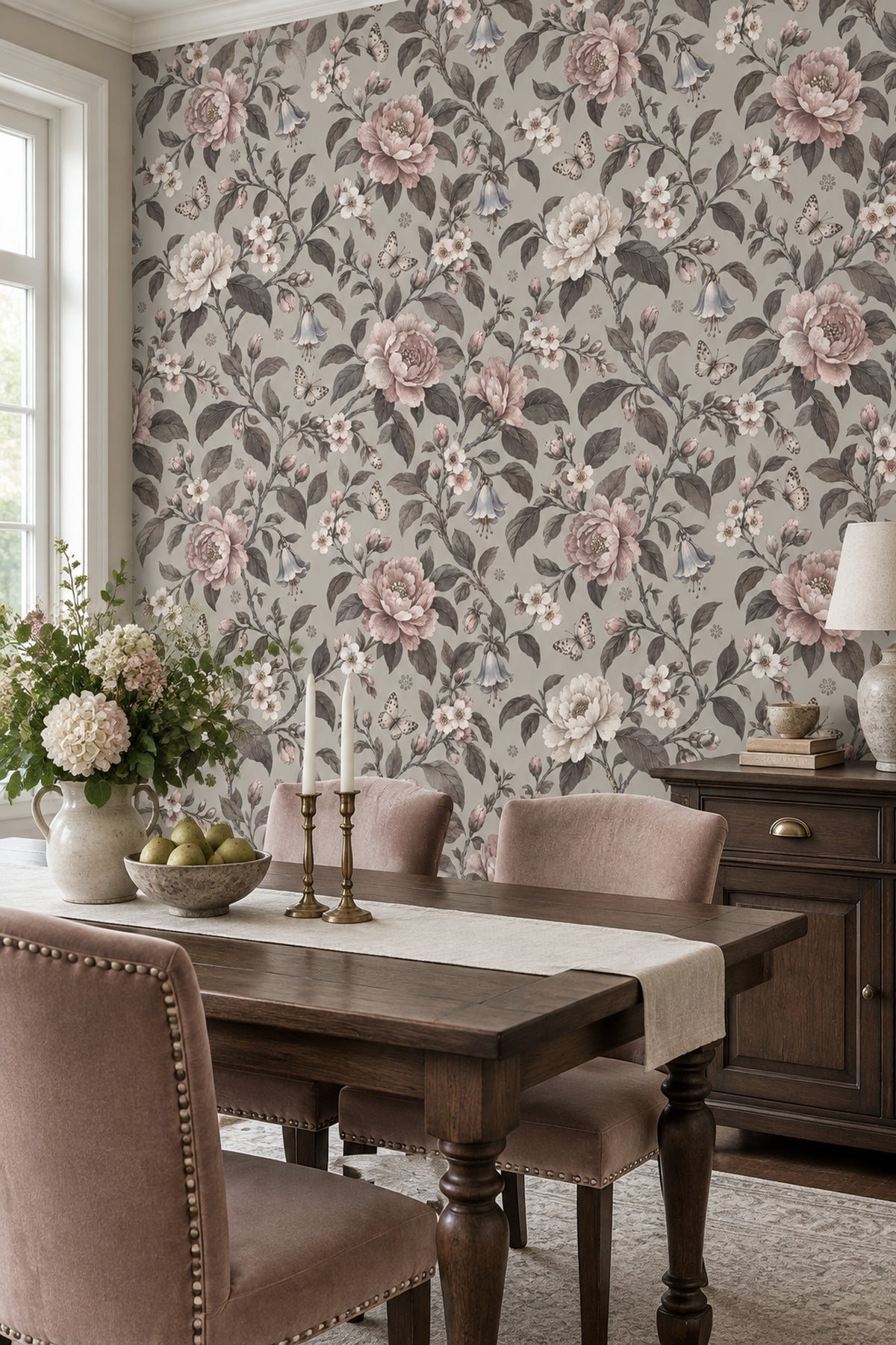 Peonies And Butterflies Wallpaper Vintage Floral Gray Background