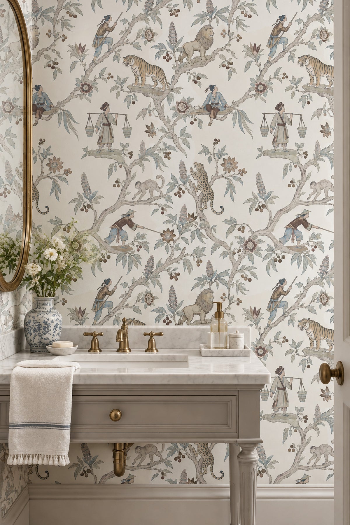 Chinoiserie Tigers Lions And Figures Wallpaper Ivory Botanical Toile