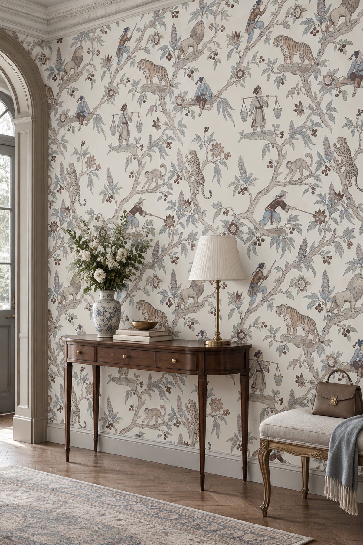 Chinoiserie Tigers Lions And Figures Wallpaper Ivory Botanical Toile