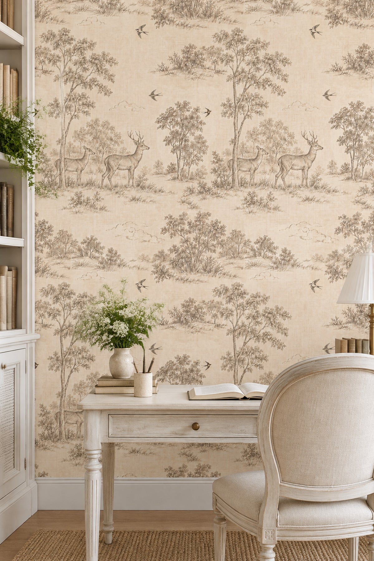 Deer And Birds Wallpaper Sepia Toile Forest Scene