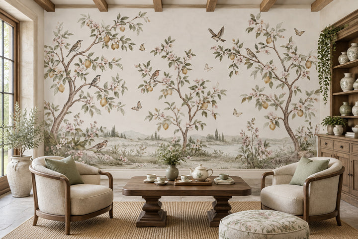 Lemon Trees And Blossom Orchard Wallpaper Watercolor Pastoral Wall Mural