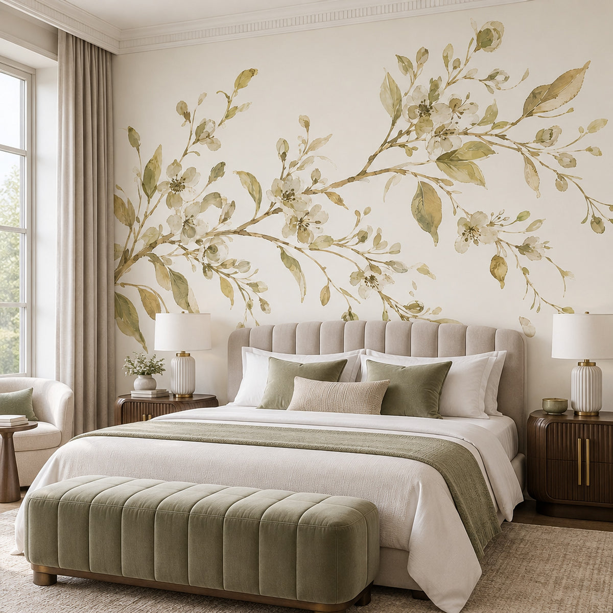 White Blossom Branch Wallpaper Watercolor Botanical Wall Mural