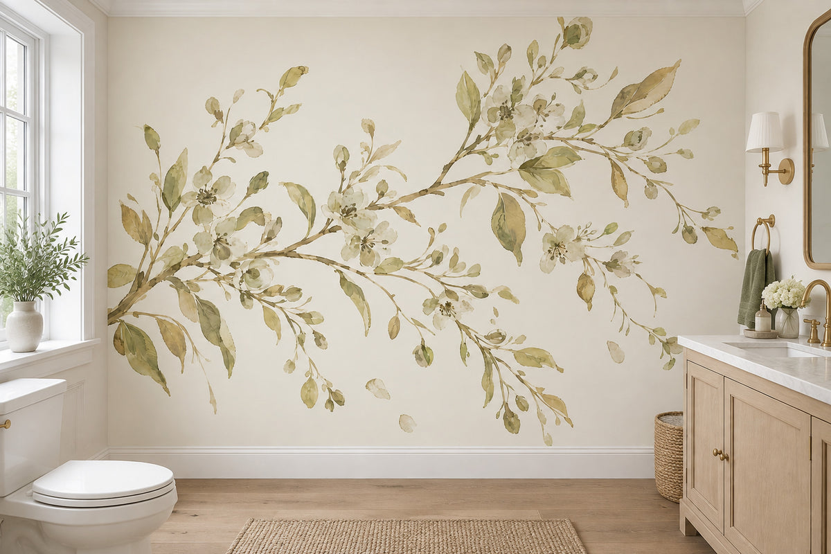 White Blossom Branch Wallpaper Watercolor Botanical Wall Mural
