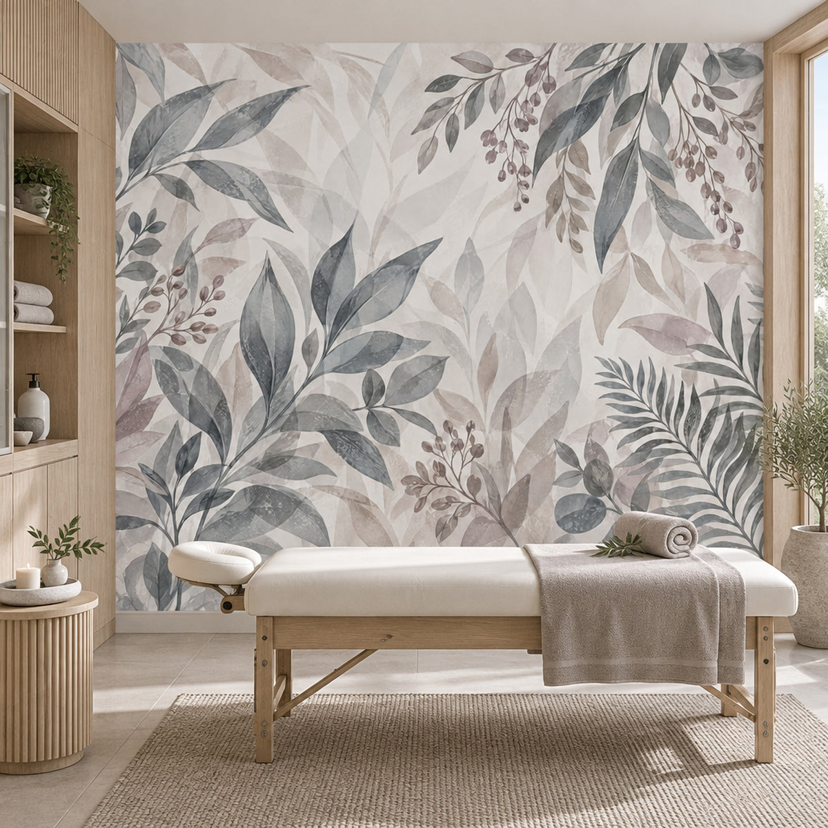 Watercolor Leaves Wallpaper Muted Gray Botanical Wall Mural