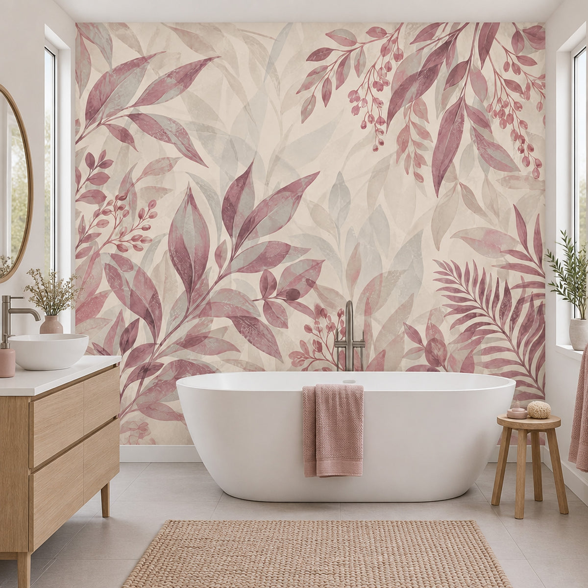 Pink Berry Branches Wallpaper Watercolor Leaves Wall Mural