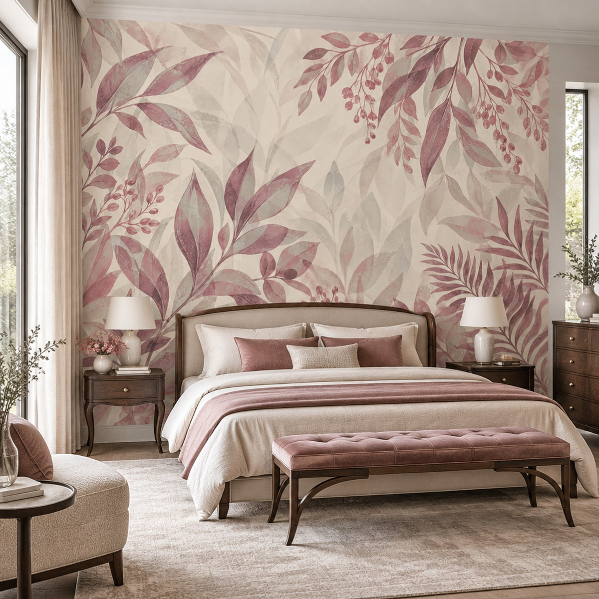 Pink Berry Branches Wallpaper Watercolor Leaves Wall Mural