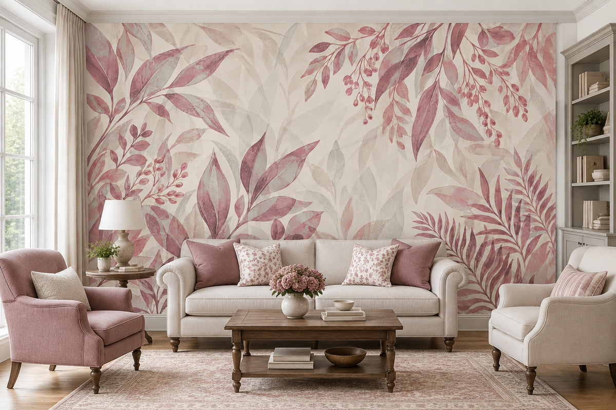 Pink Berry Branches Wallpaper Watercolor Leaves Wall Mural
