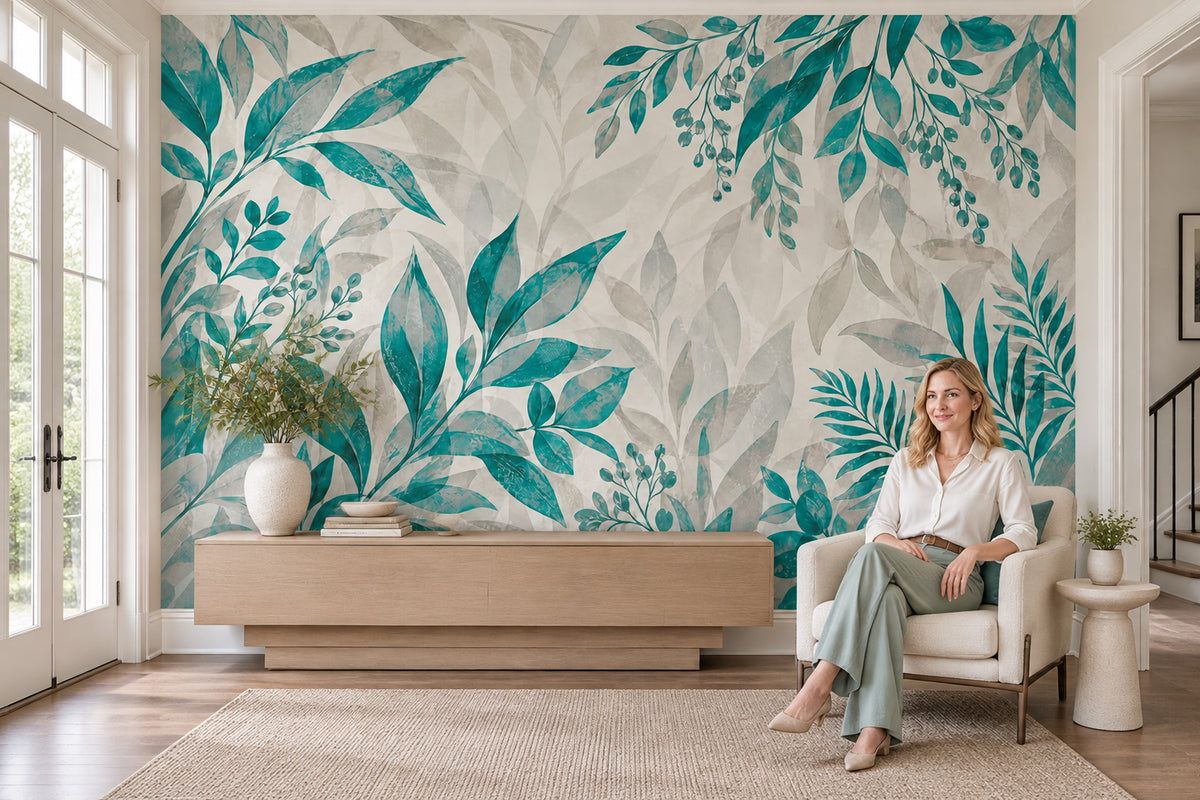 Teal Leaf Branches Wallpaper Watercolor Botanical Wall Mural