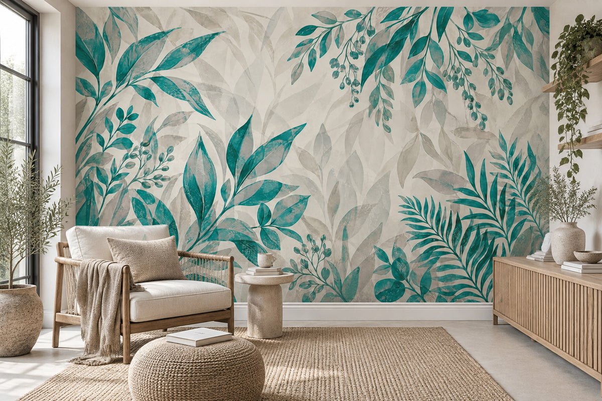 Teal Leaf Branches Wallpaper Watercolor Botanical Wall Mural