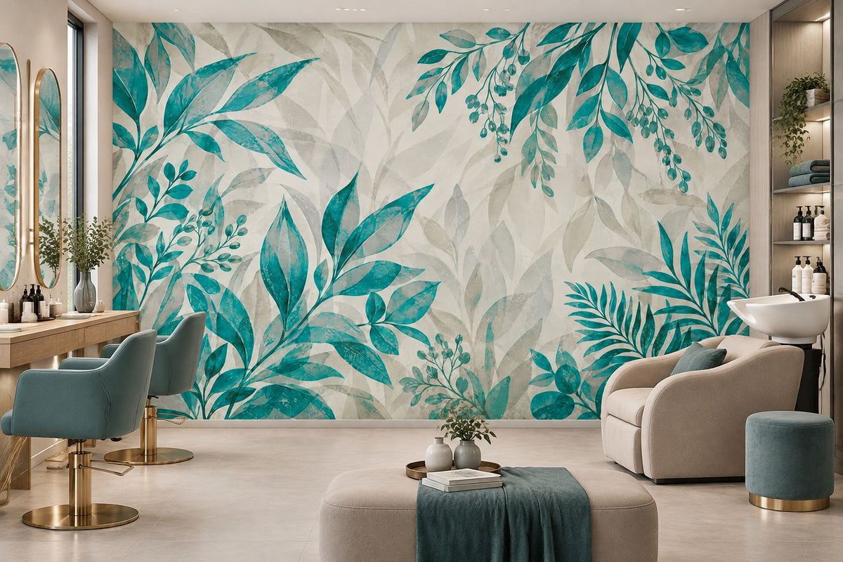 Teal Leaf Branches Wallpaper Watercolor Botanical Wall Mural