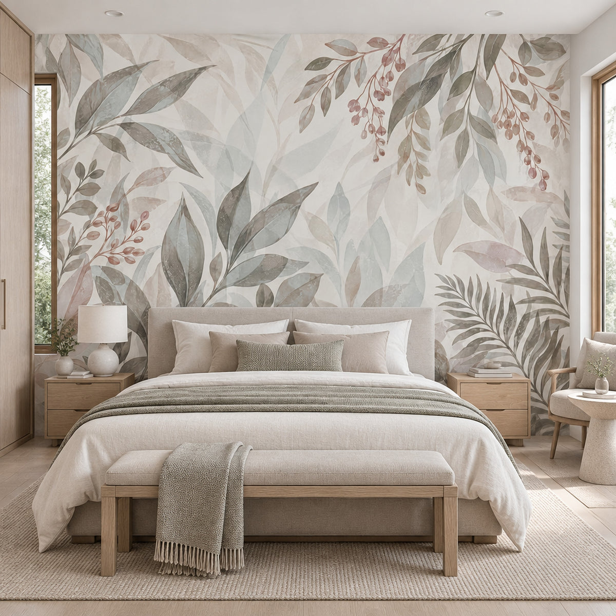 Watercolor Leafy Branches Wallpaper Neutral Botanical Wall Mural