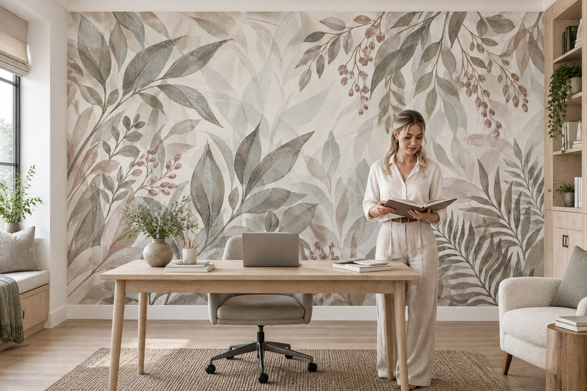 Watercolor Leafy Branches Wallpaper Neutral Botanical Wall Mural