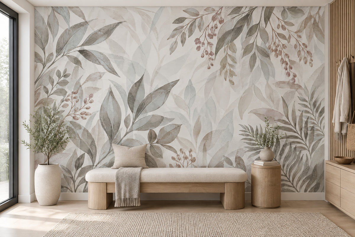 Watercolor Leafy Branches Wallpaper Neutral Botanical Wall Mural