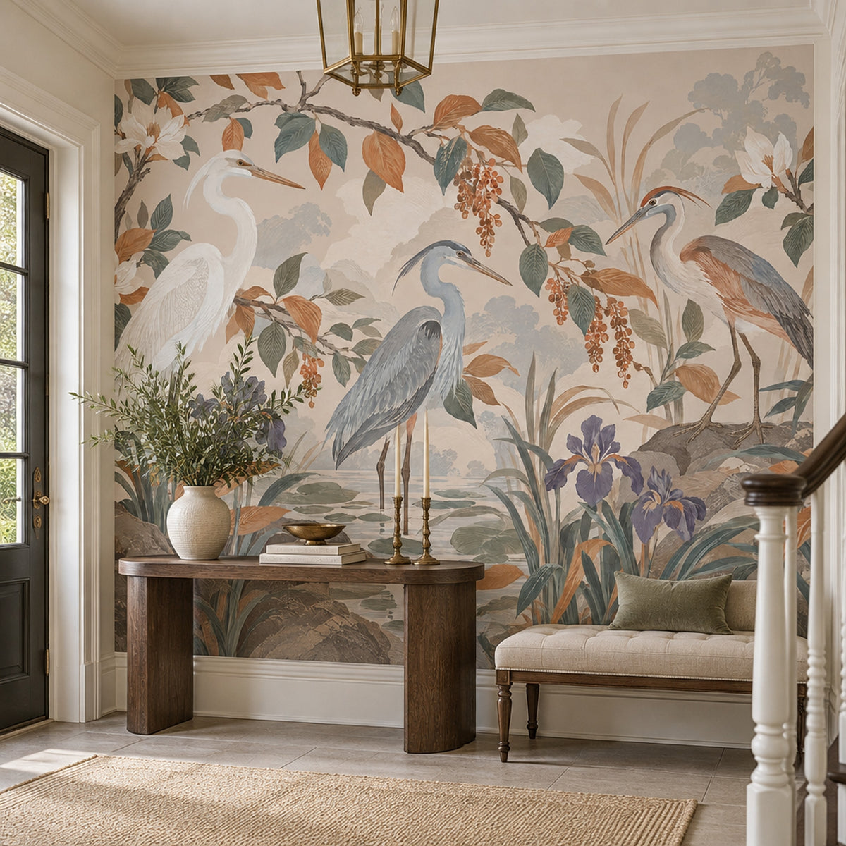 Herons And Iris Pond Wallpaper Muted Green Chinoiserie Wall Mural