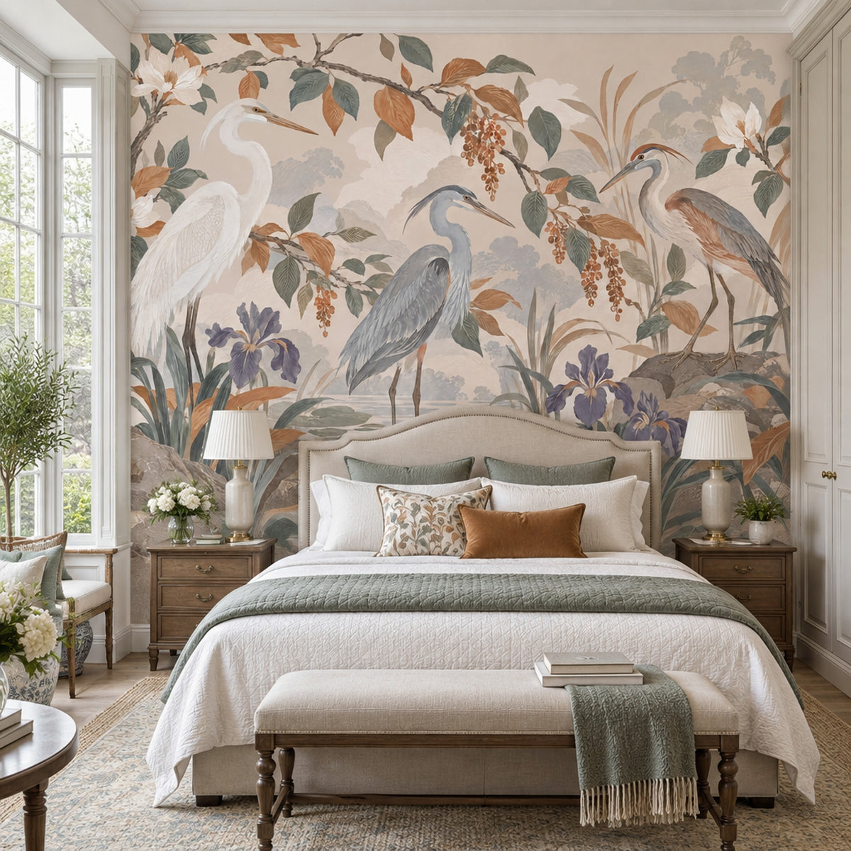 Herons And Iris Pond Wallpaper Muted Green Chinoiserie Wall Mural