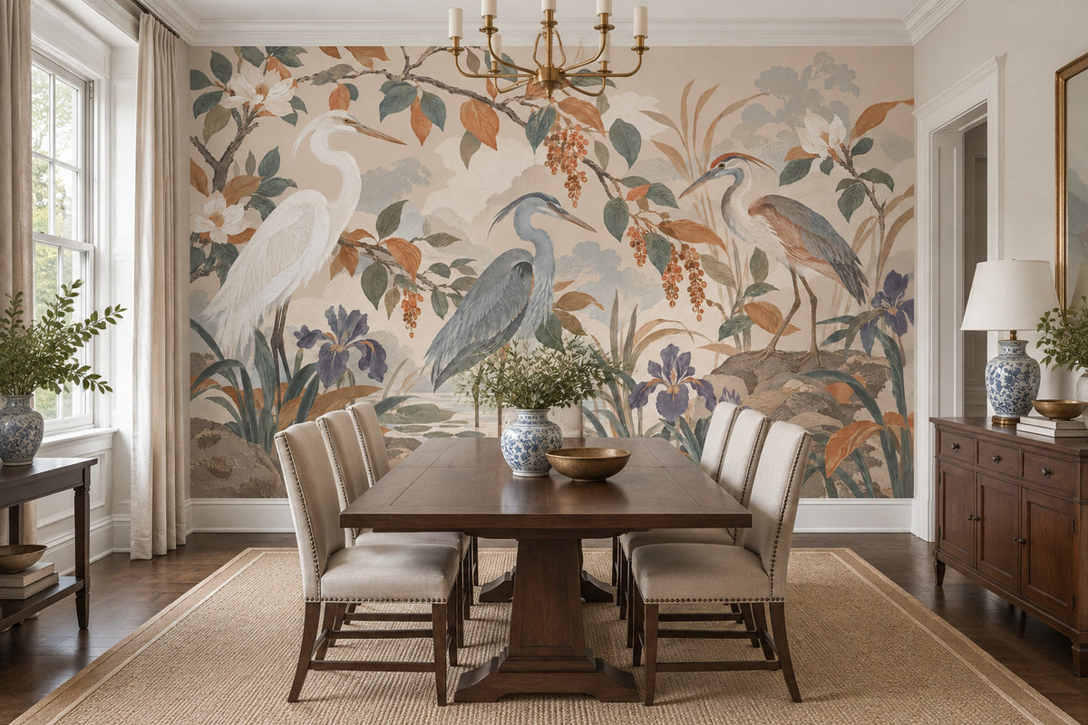 Herons And Iris Pond Wallpaper Muted Green Chinoiserie Wall Mural