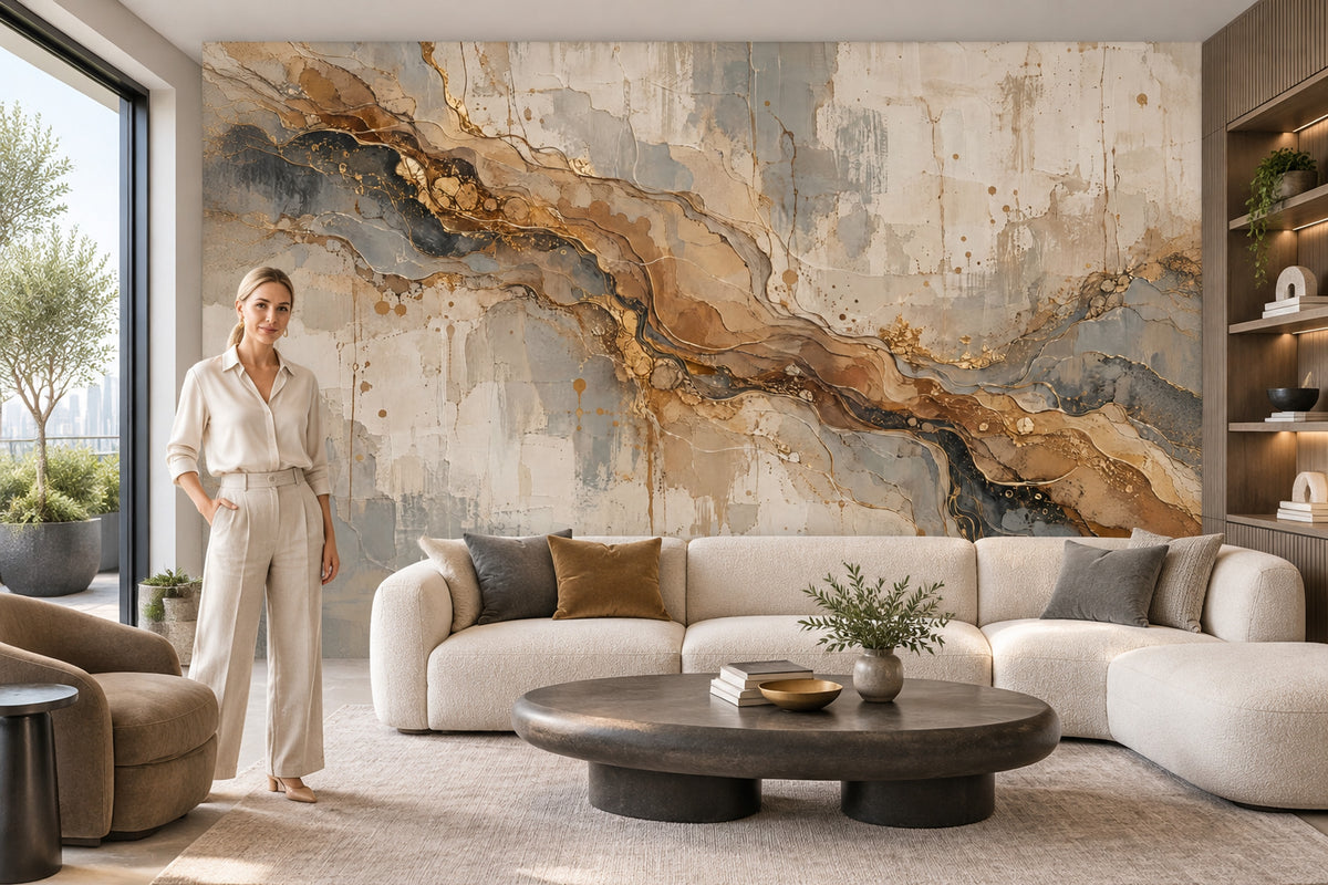 Wavy Marble Veins Wallpaper Gold Line Concrete Texture Wall Mural