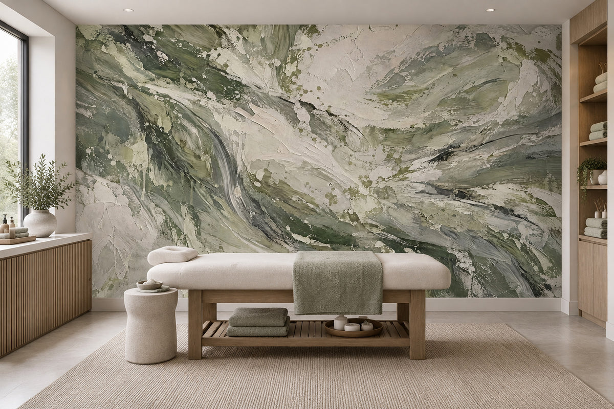 Abstract Botanical Leaves Wallpaper Sage Green Textured Wall Mural