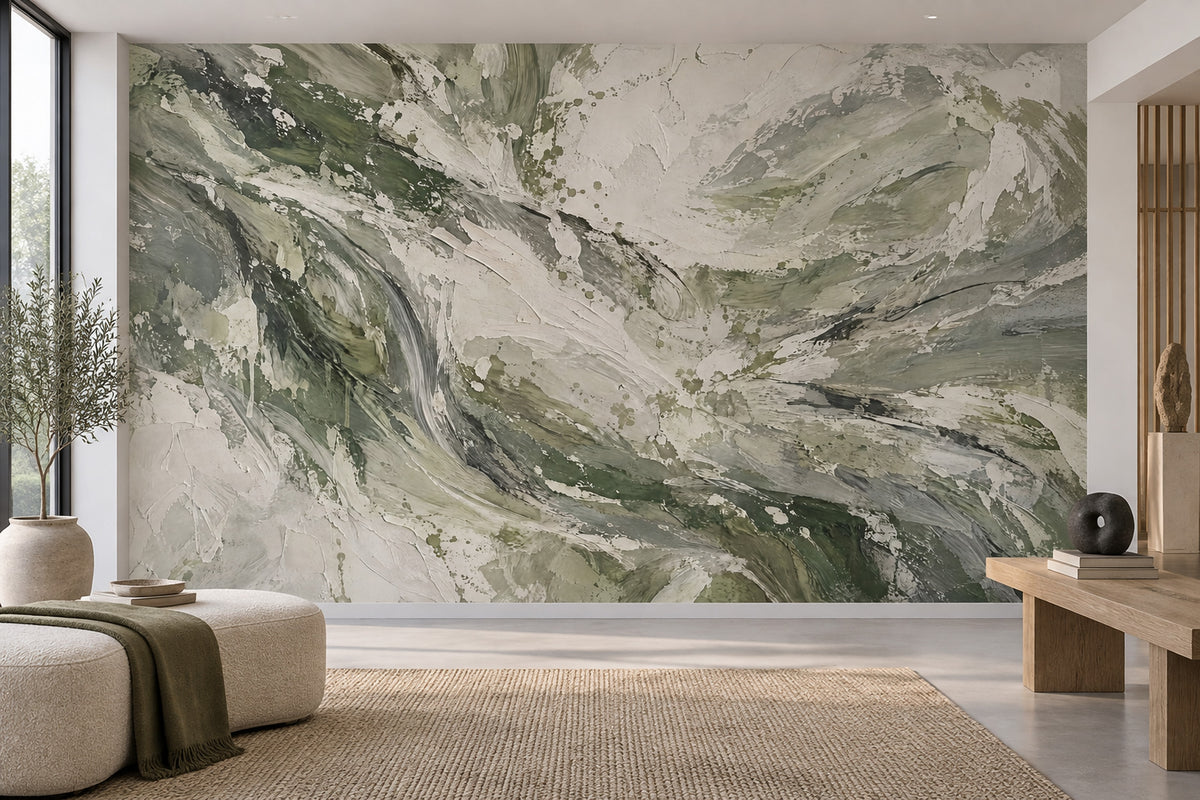 Abstract Botanical Leaves Wallpaper Sage Green Textured Wall Mural