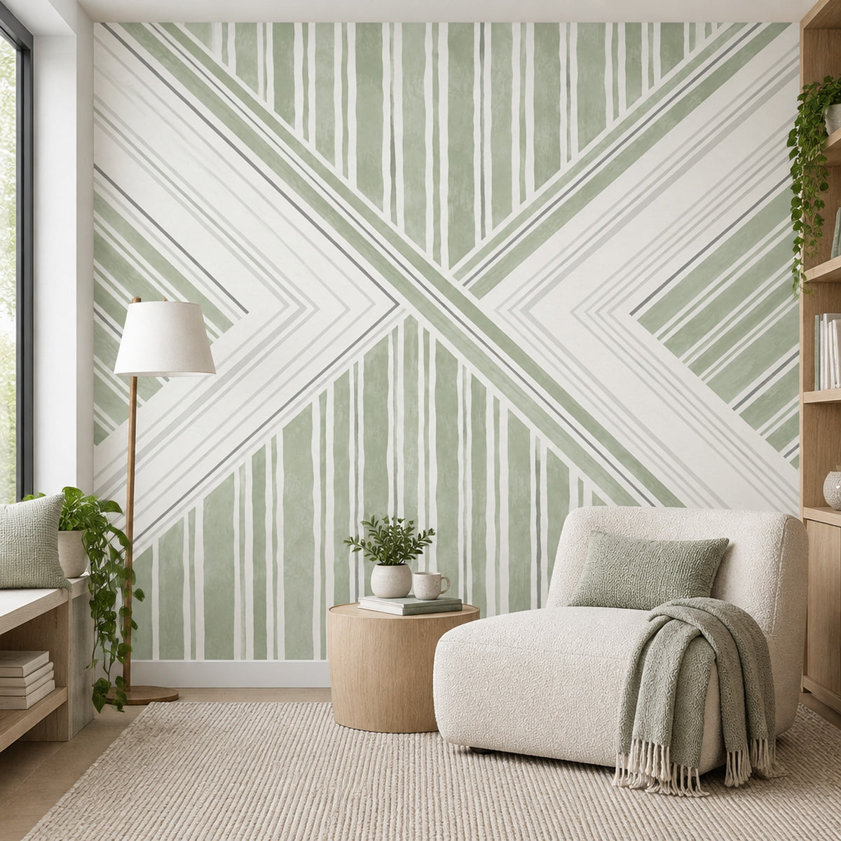 Sage Green Diagonal Stripes Wallpaper Modern Geometric Wall Mural