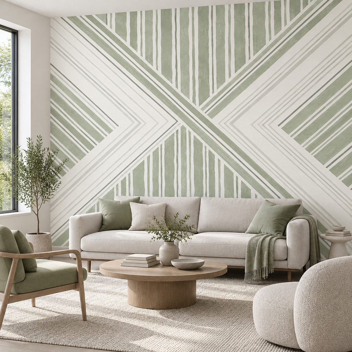 Sage Green Diagonal Stripes Wallpaper Modern Geometric Wall Mural