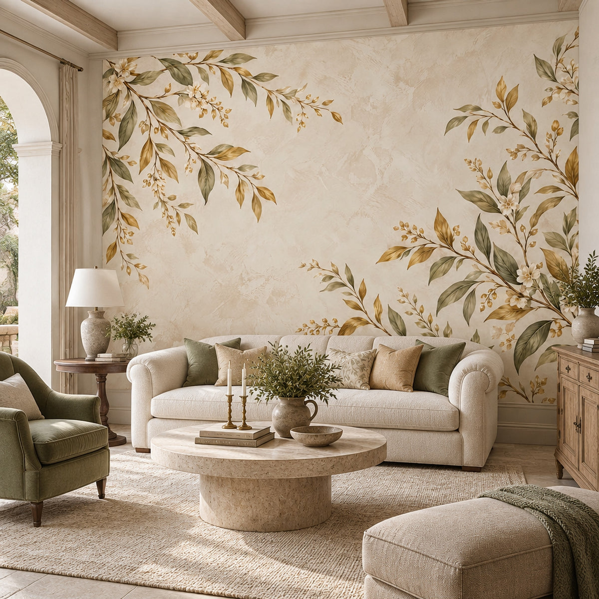White Blossoms And Olive Leaves Wallpaper Vintage Botanical Wall Mural