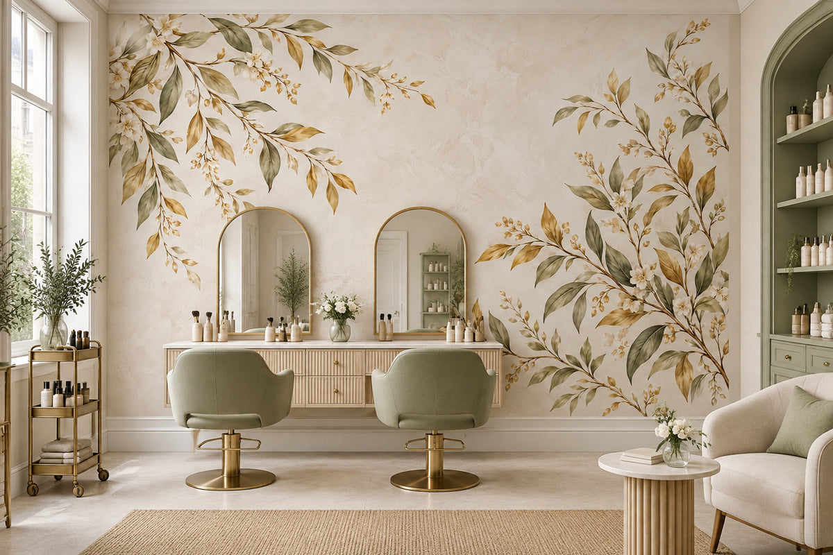 White Blossoms And Olive Leaves Wallpaper Vintage Botanical Wall Mural