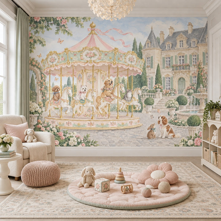 Vintage Carousel Animals Wallpaper Pastel Fairytale Wall Mural