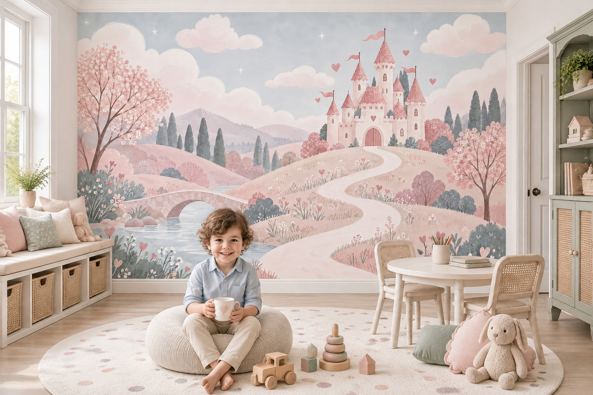 Pink Fairy Tale Castle Wallpaper Pastel Landscape Wall Mural