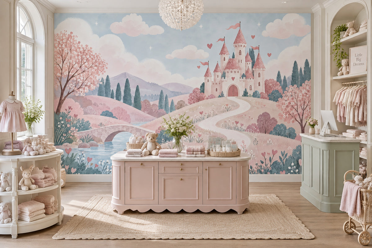Pink Fairy Tale Castle Wallpaper Pastel Landscape Wall Mural