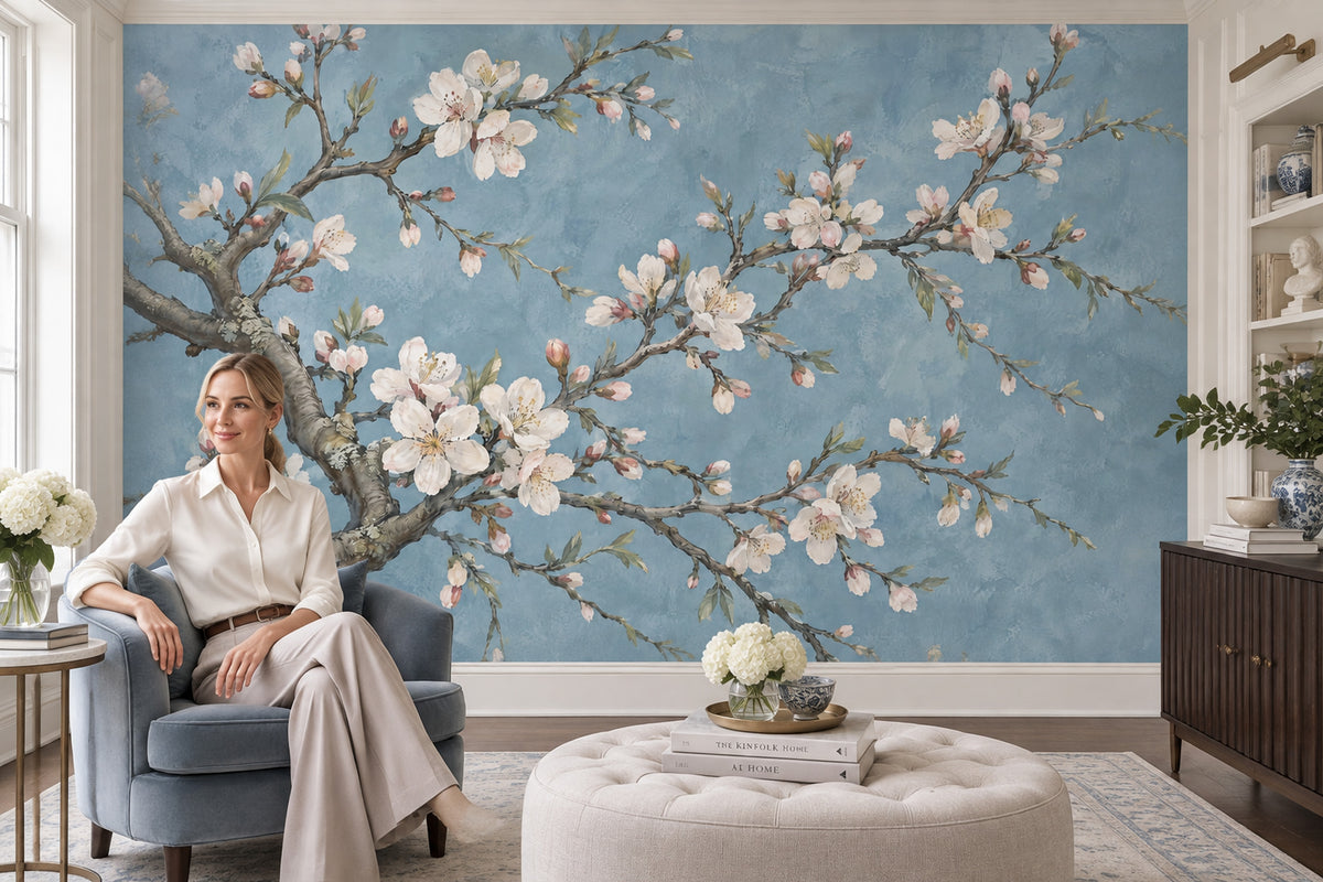Cherry Blossom Branches Wallpaper Blue Botanical Wall Mural