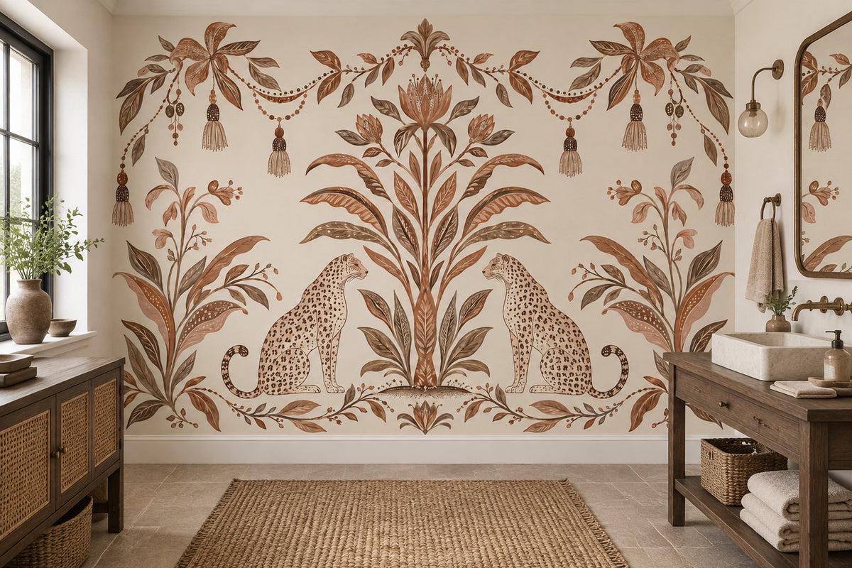 Symmetrical Leopards Wallpaper Tropical Botanical Wall Mural