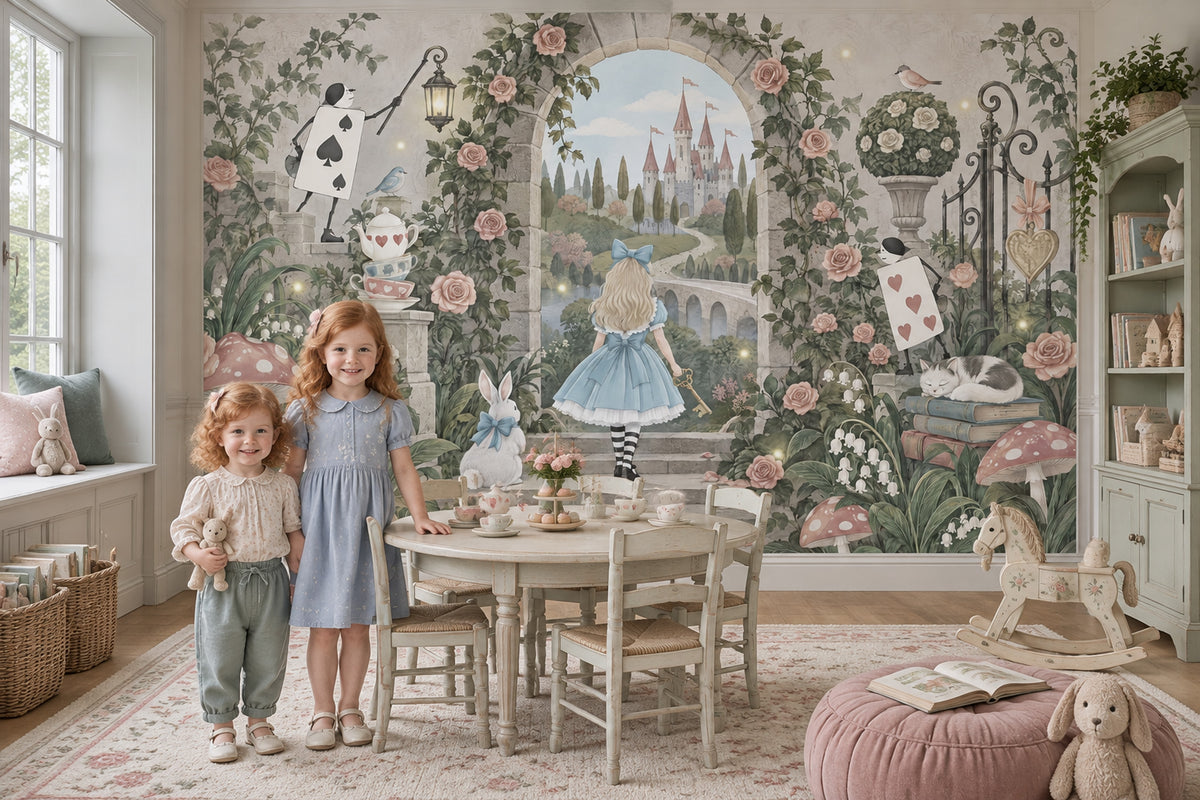 Blue Dress Girl And White Rabbit Wallpaper Storybook Garden Wall Mural
