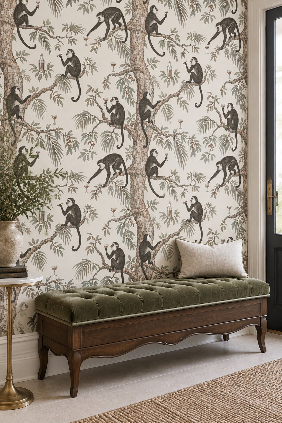 Monkeys And Tropical Branches Wallpaper Muted Green Vintage Botanical