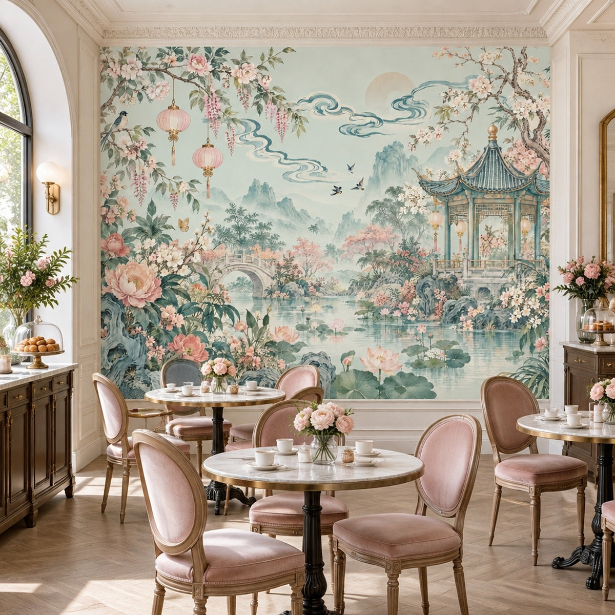 Chinoiserie Garden Pavilion Wallpaper Pastel Floral Landscape Wall Mural