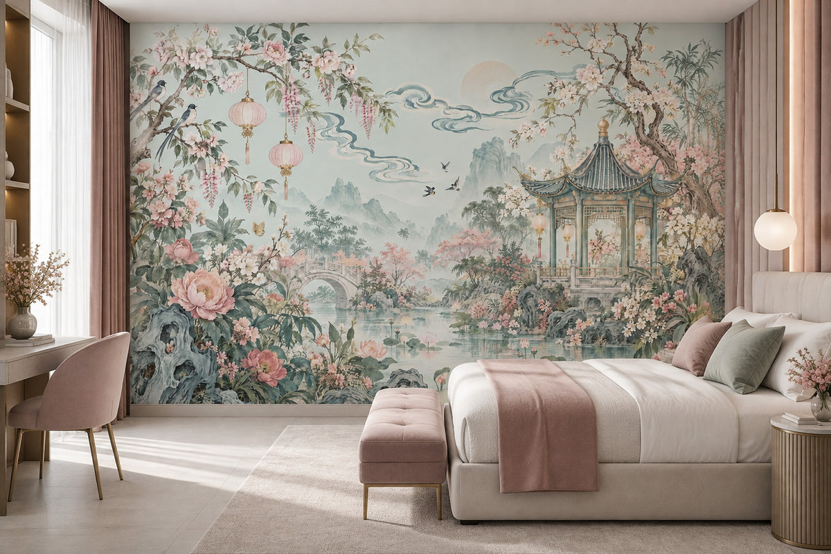 Chinoiserie Garden Pavilion Wallpaper Pastel Floral Landscape Wall Mural