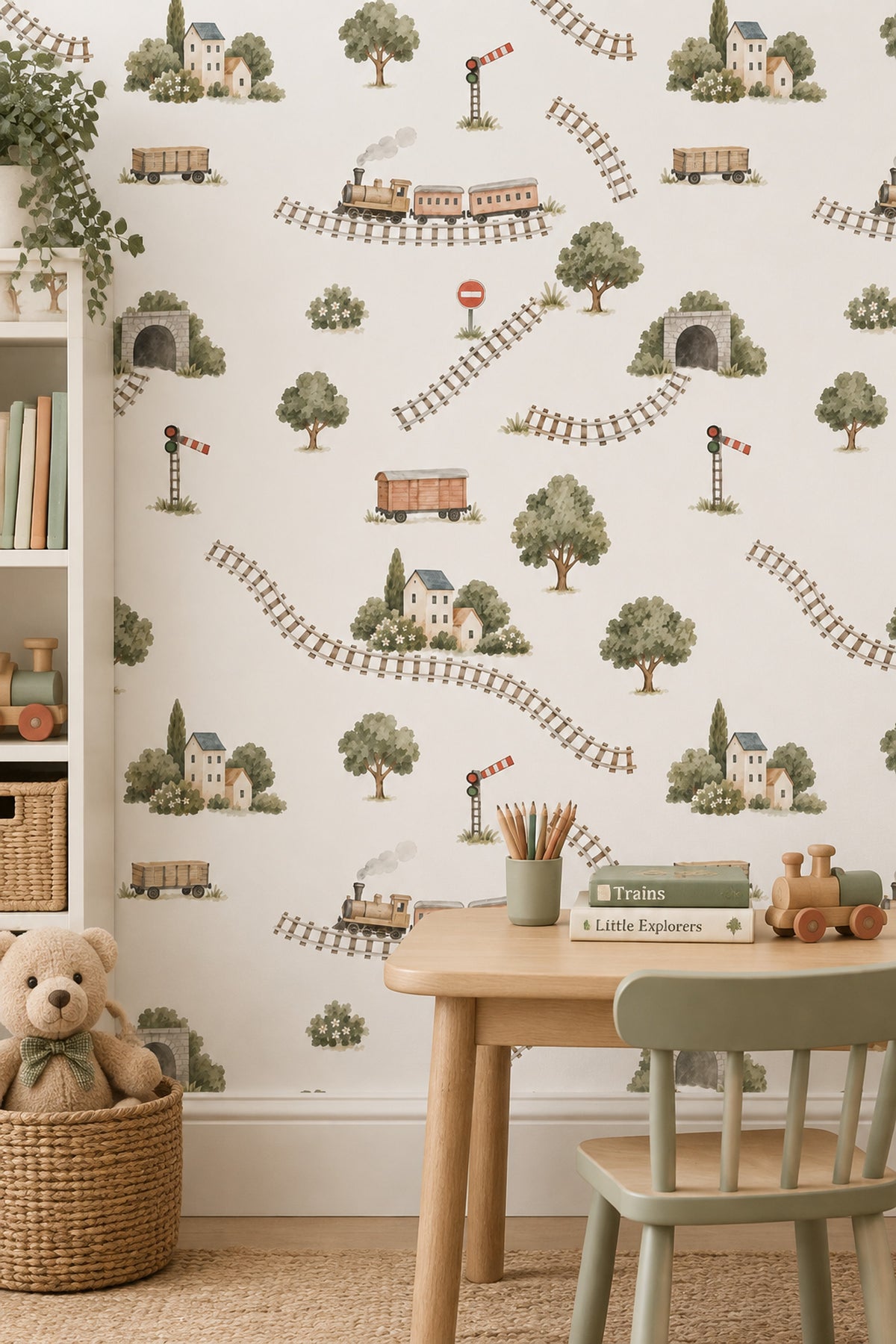 Steam Train Railway Scene Wallpaper White Background Pastel Watercolor