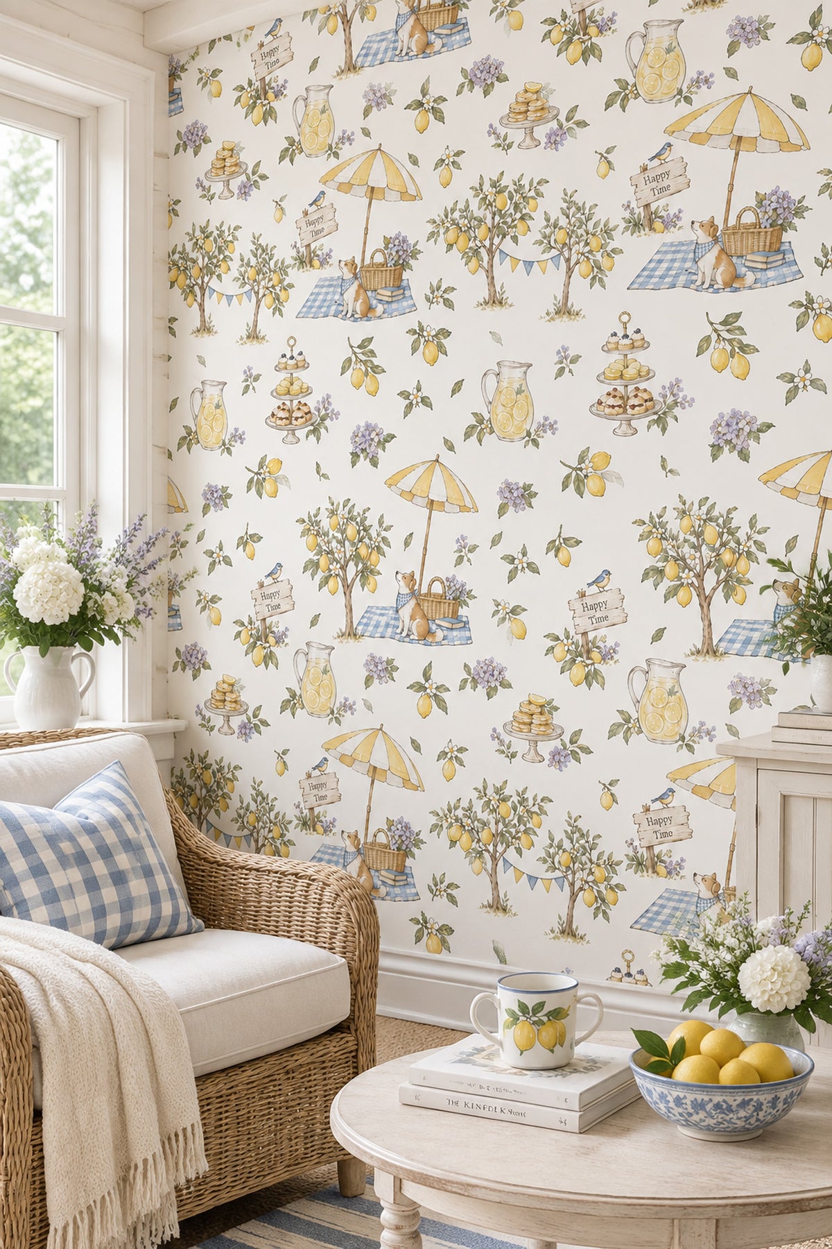 Lemon Garden Picnic Wallpaper Watercolor Gingham