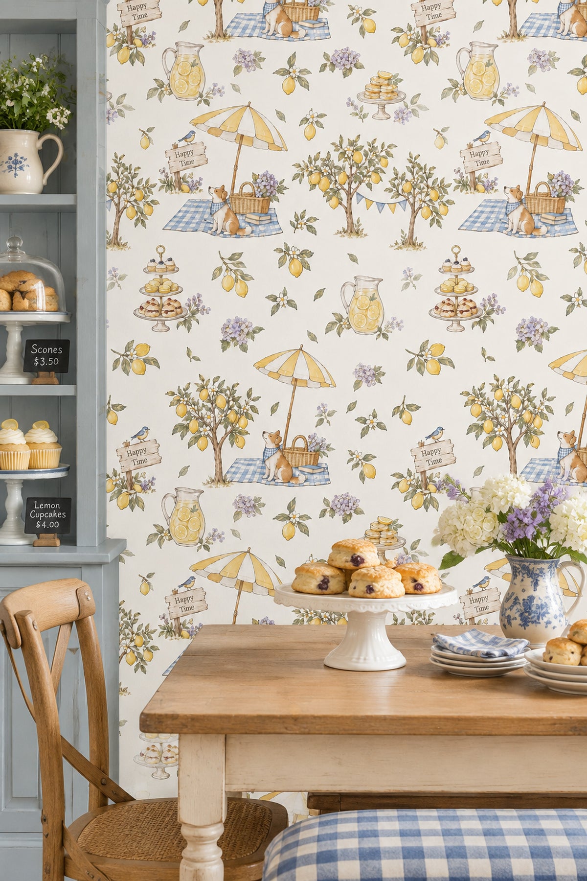 Lemon Garden Picnic Wallpaper Watercolor Gingham