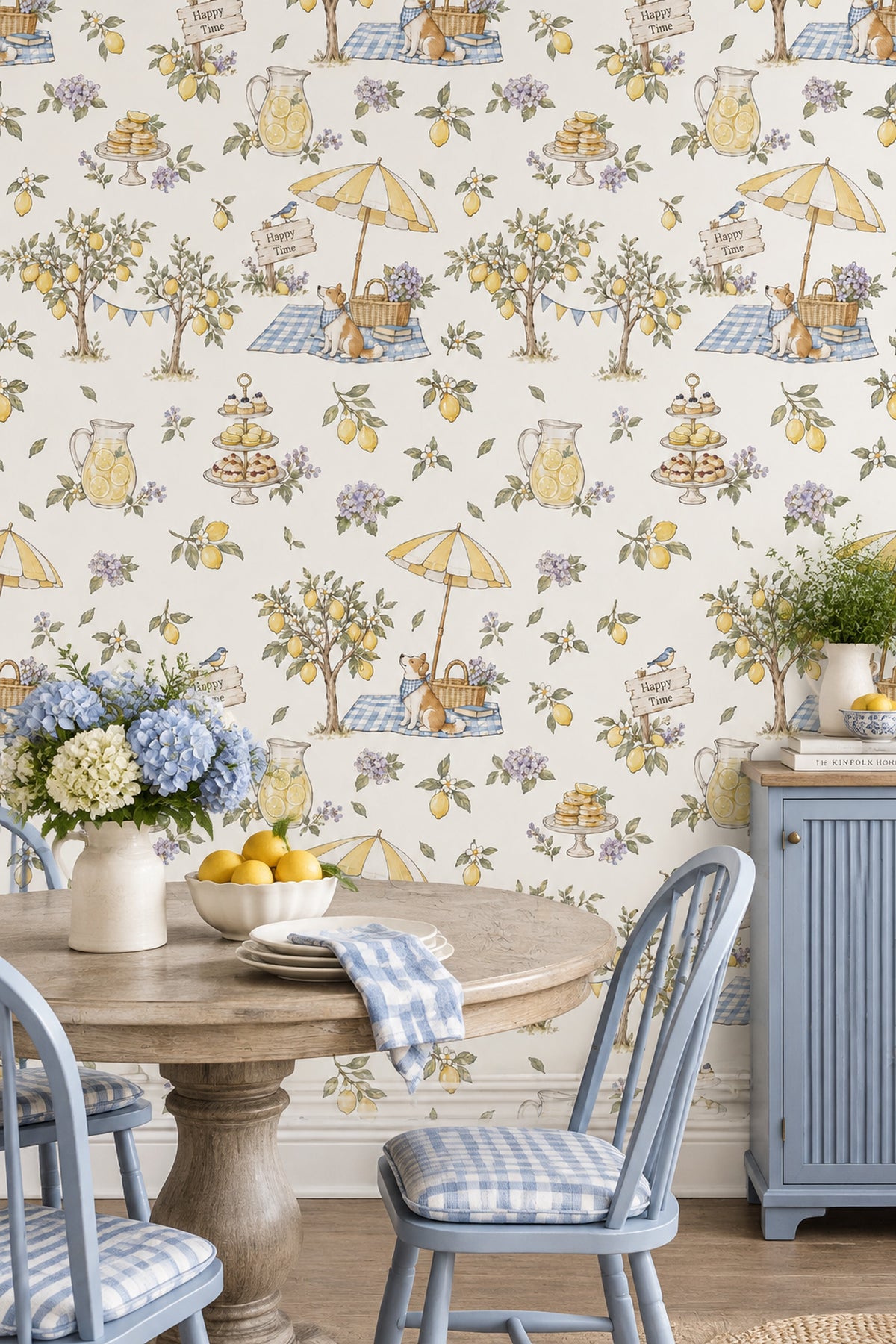 Lemon Garden Picnic Wallpaper Watercolor Gingham
