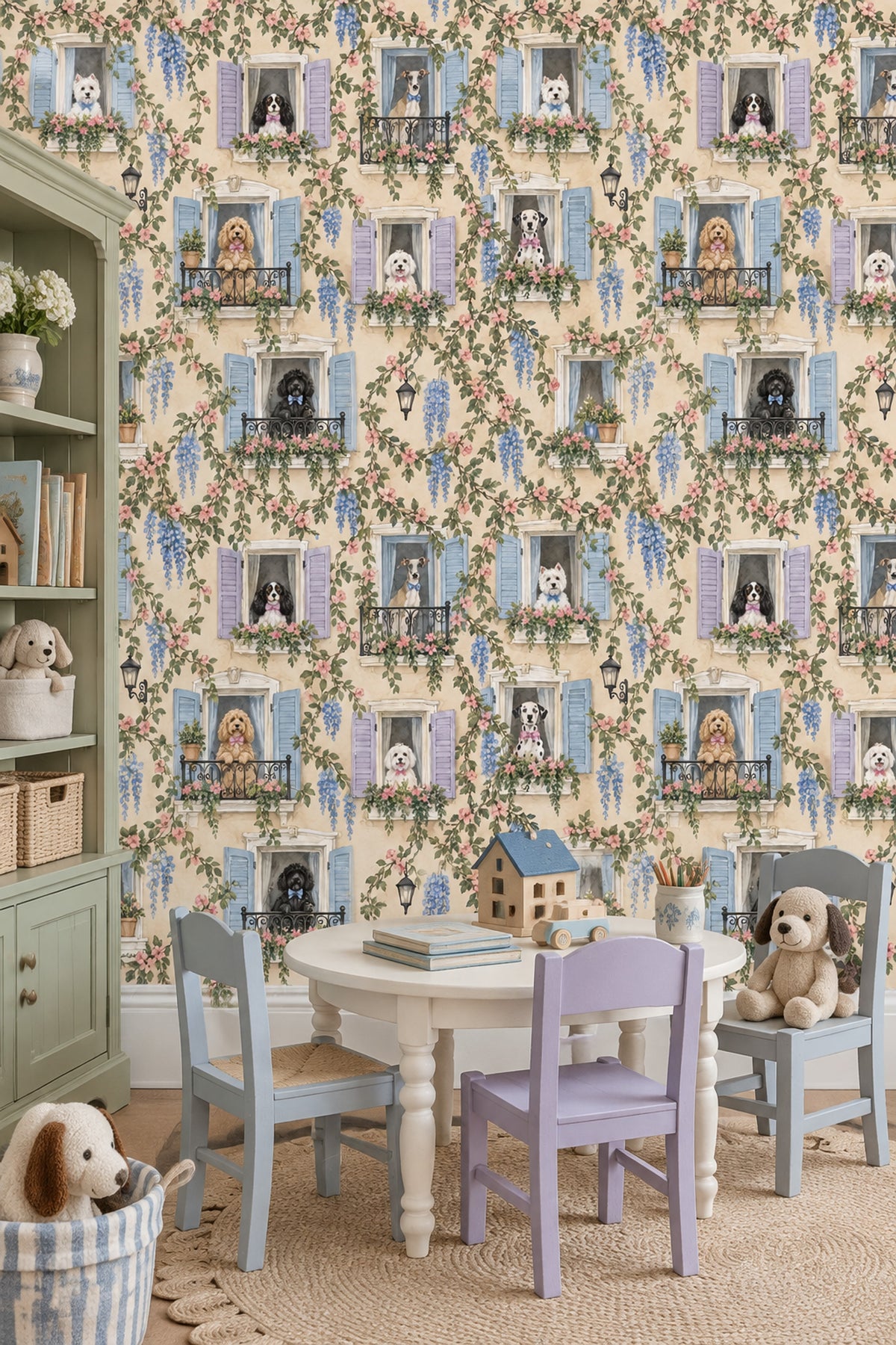 Dogs On Balconies Wallpaper Pastel French Windows
