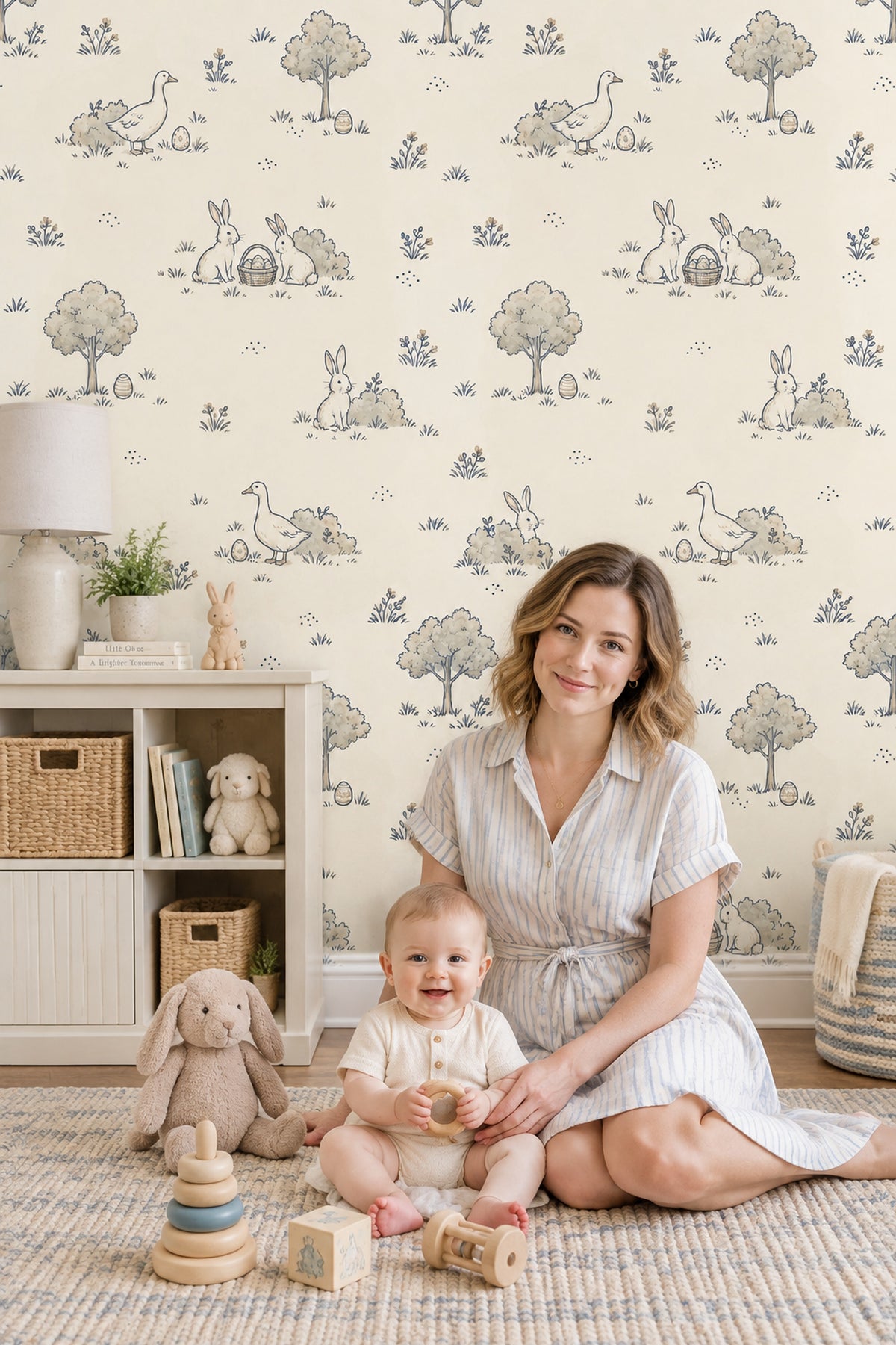 Rabbits And Ducks Easter Eggs Wallpaper Cream Toile