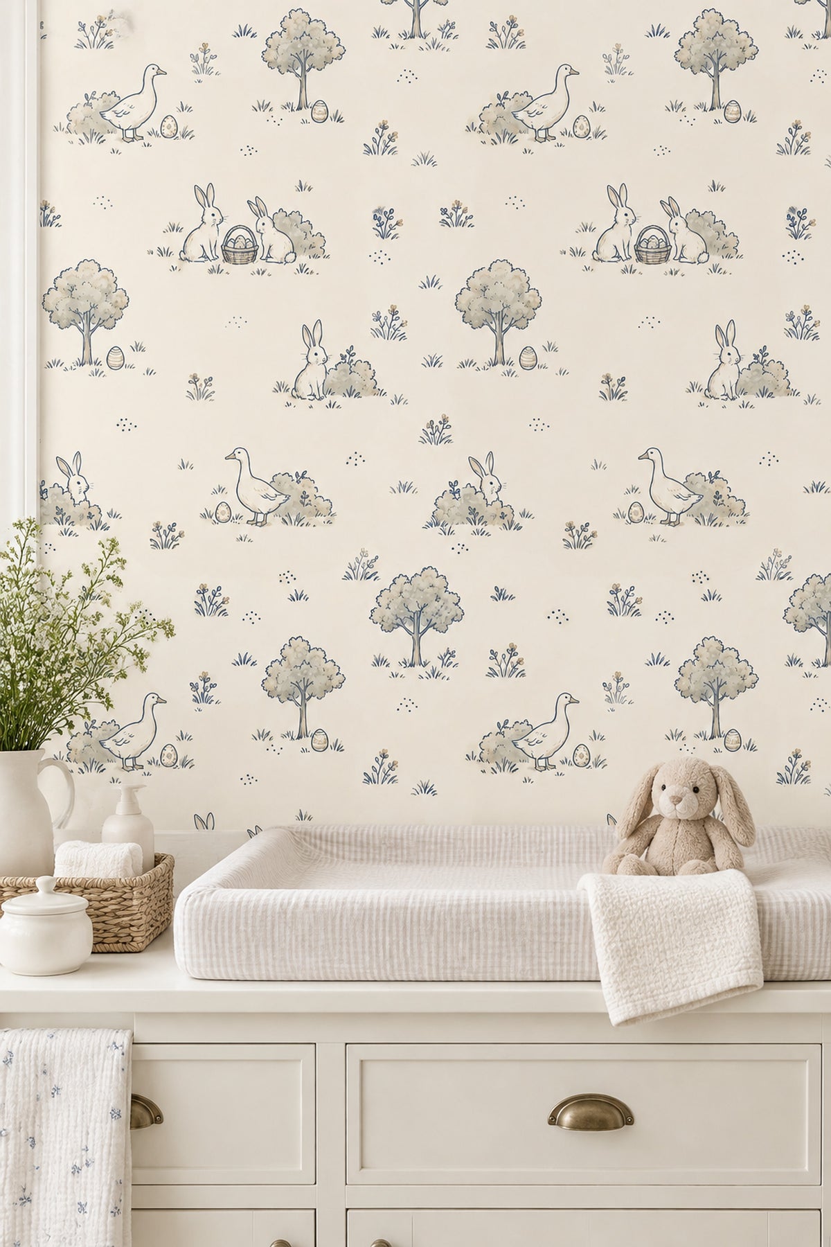 Rabbits And Ducks Easter Eggs Wallpaper Cream Toile